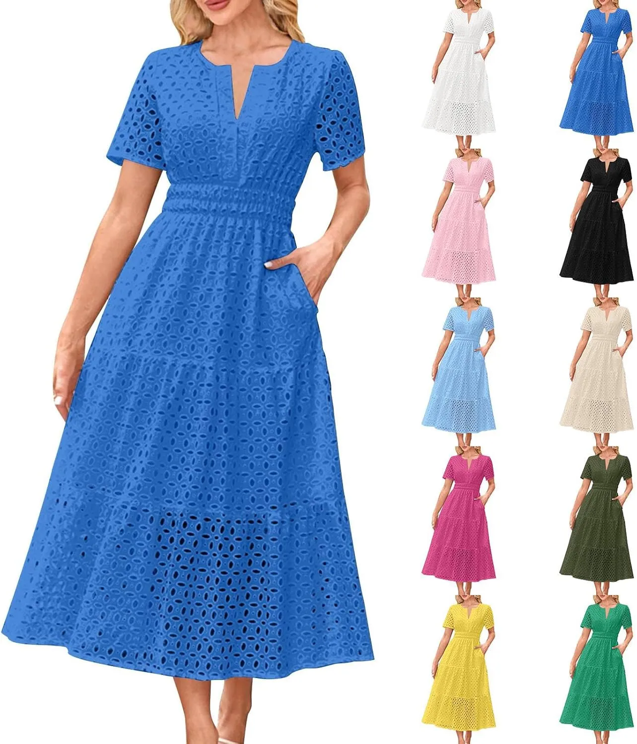 Maxi Dresses for Women 2025 Summer Short Sleeve Casual V Neck Hollow Out Eyelet Ruffle Swing A Line Long Dress