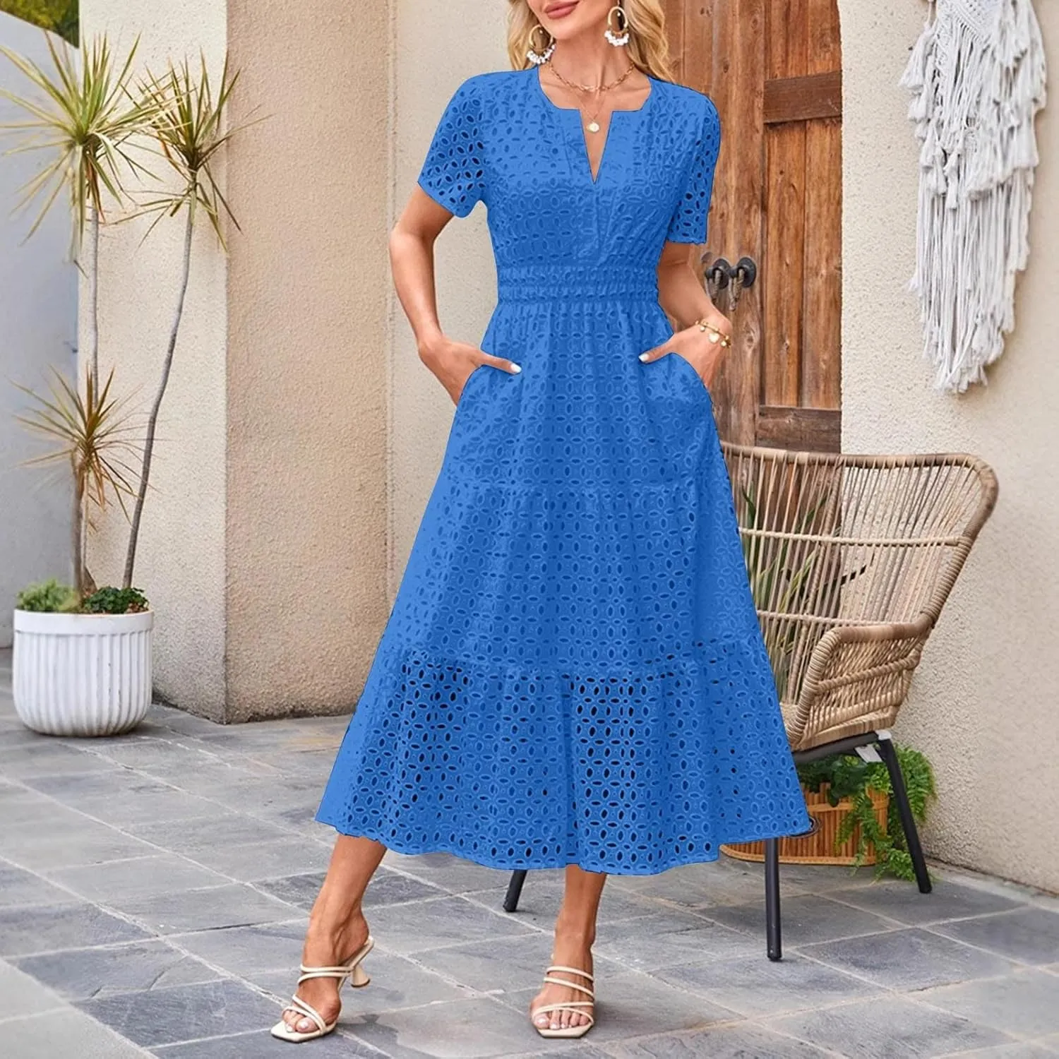 Maxi Dresses for Women 2025 Summer Short Sleeve Casual V Neck Hollow Out Eyelet Ruffle Swing A Line Long Dress