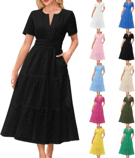 Maxi Dresses for Women 2025 Summer Short Sleeve Casual V Neck Hollow Out Eyelet Ruffle Swing A Line Long Dress