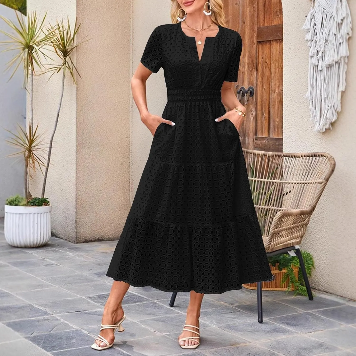 Maxi Dresses for Women 2025 Summer Short Sleeve Casual V Neck Hollow Out Eyelet Ruffle Swing A Line Long Dress
