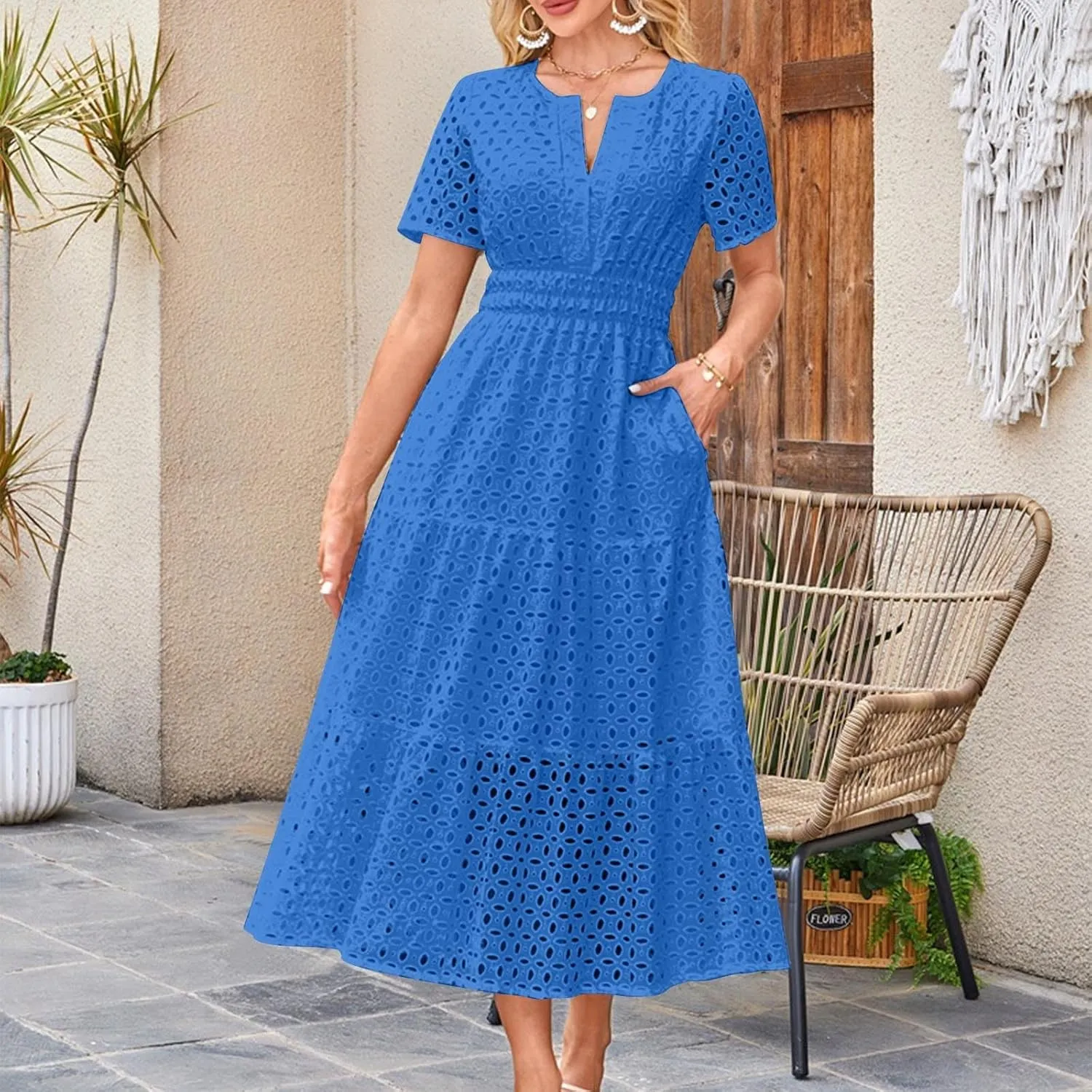 Maxi Dresses for Women 2025 Summer Short Sleeve Casual V Neck Hollow Out Eyelet Ruffle Swing A Line Long Dress