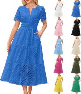 Maxi Dresses for Women 2025 Summer Short Sleeve Casual V Neck Hollow Out Eyelet Ruffle Swing A Line Long Dress