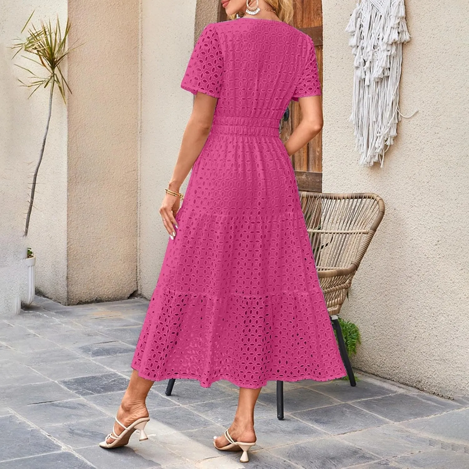 Maxi Dresses for Women 2025 Summer Short Sleeve Casual V Neck Hollow Out Eyelet Ruffle Swing A Line Long Dress