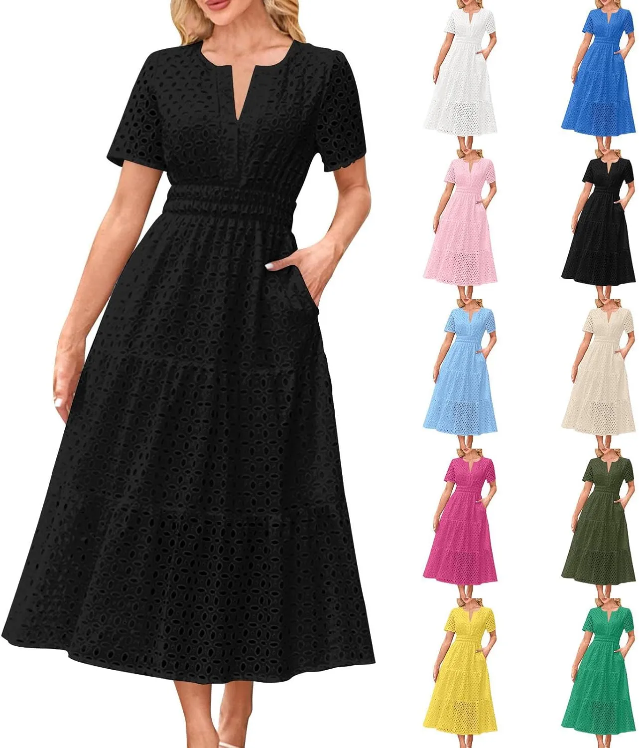 Maxi Dresses for Women 2025 Summer Short Sleeve Casual V Neck Hollow Out Eyelet Ruffle Swing A Line Long Dress
