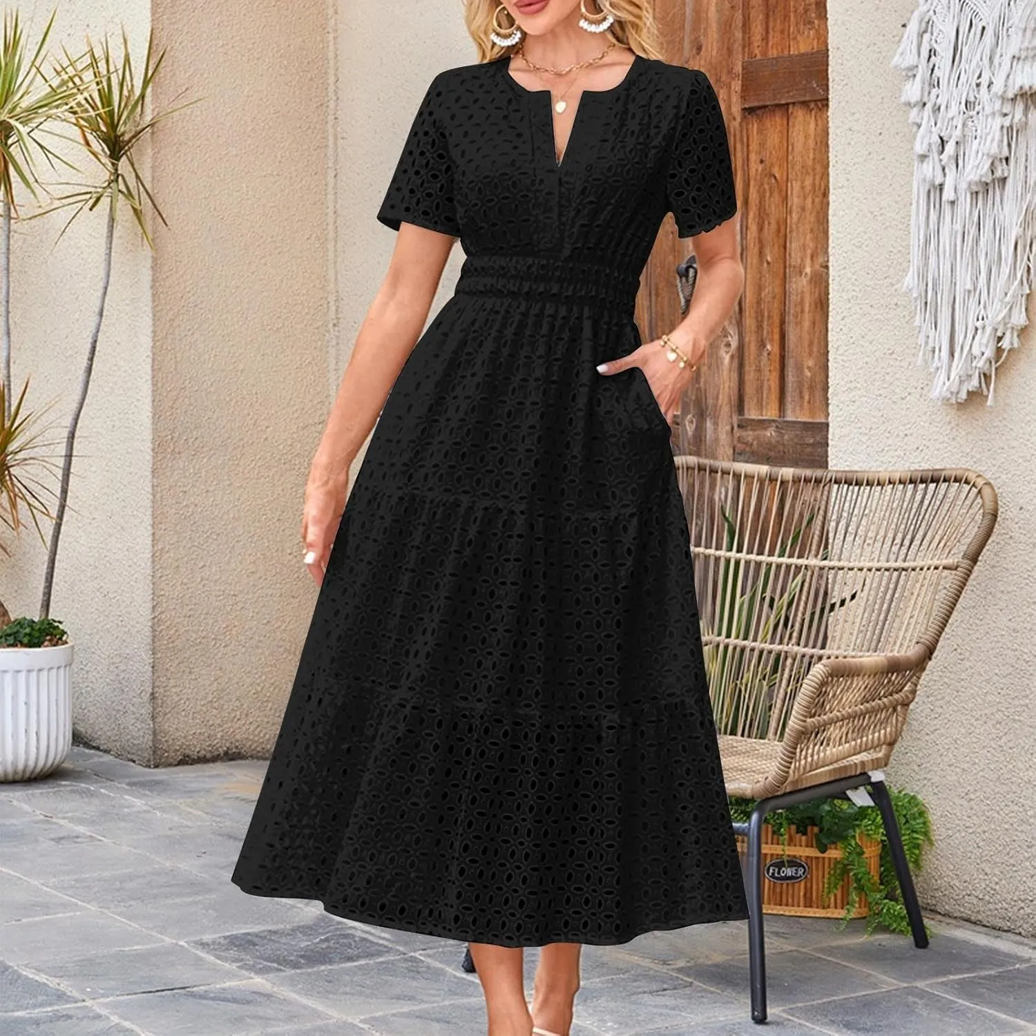 Maxi Dresses for Women 2025 Summer Short Sleeve Casual V Neck Hollow Out Eyelet Ruffle Swing A Line Long Dress
