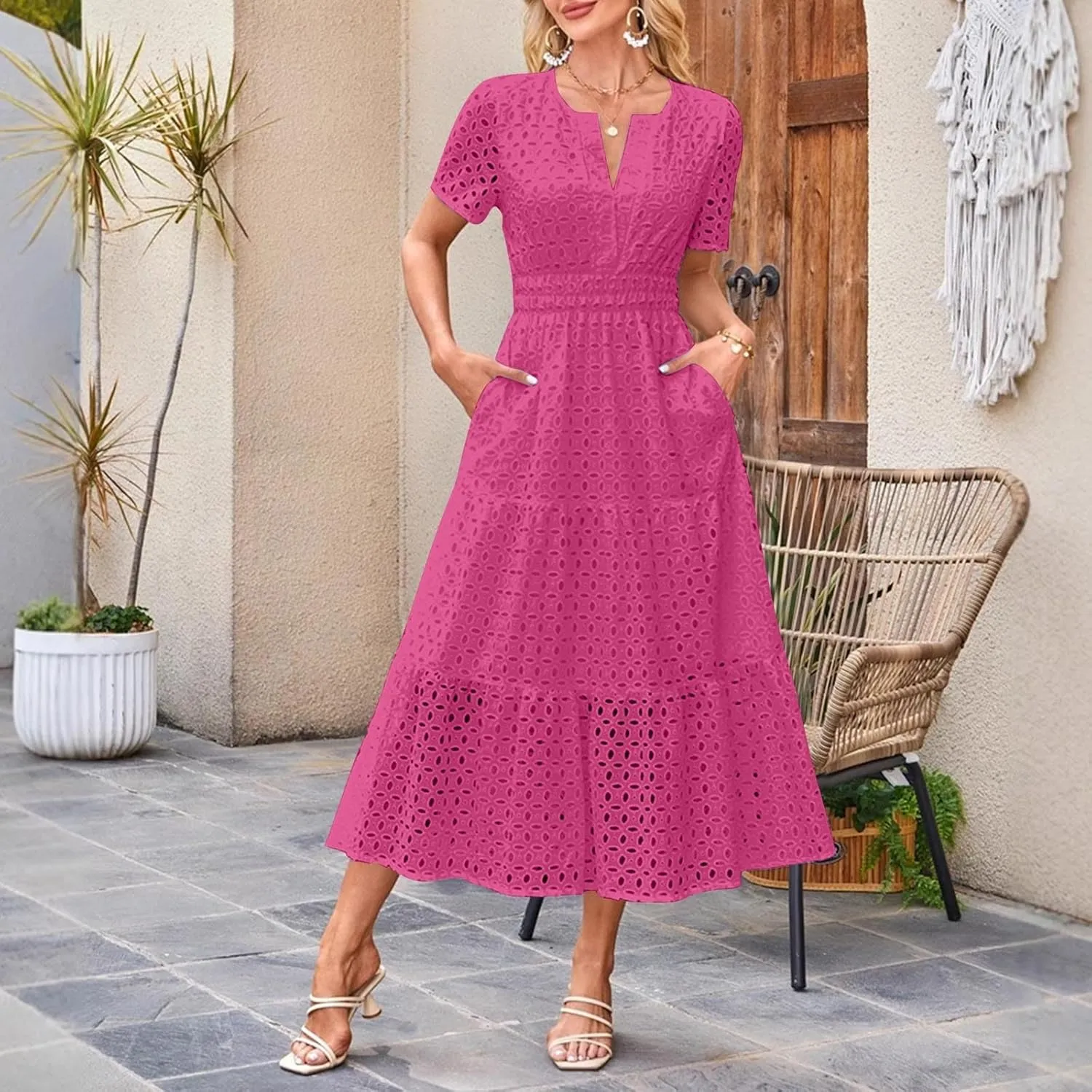 Maxi Dresses for Women 2025 Summer Short Sleeve Casual V Neck Hollow Out Eyelet Ruffle Swing A Line Long Dress
