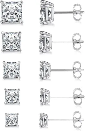 MDFUN 5 Pairs 316L Stainless Steel Earrings Set 3-7MM Hypoallergenic Princess Cut Cubic Zirconia Square Stud Earring Jewelry for Women and Men