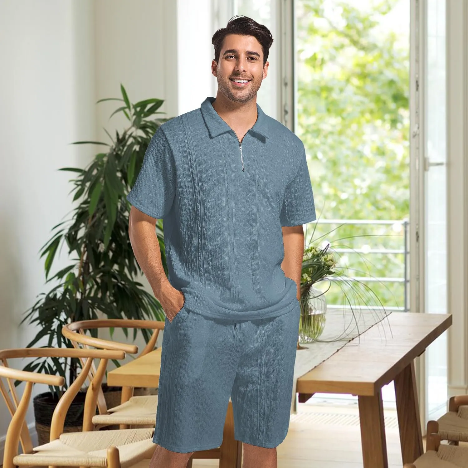 Mens 2 Piece Short Sets Summer 2025 - Zip Polo & Elastic Waist Shorts, Breathe Comfortable Tracksuit with Pockets