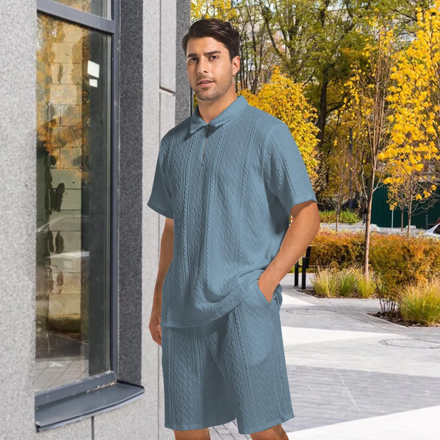Mens 2 Piece Short Sets Summer 2025 - Zip Polo & Elastic Waist Shorts, Breathe Comfortable Tracksuit with Pockets