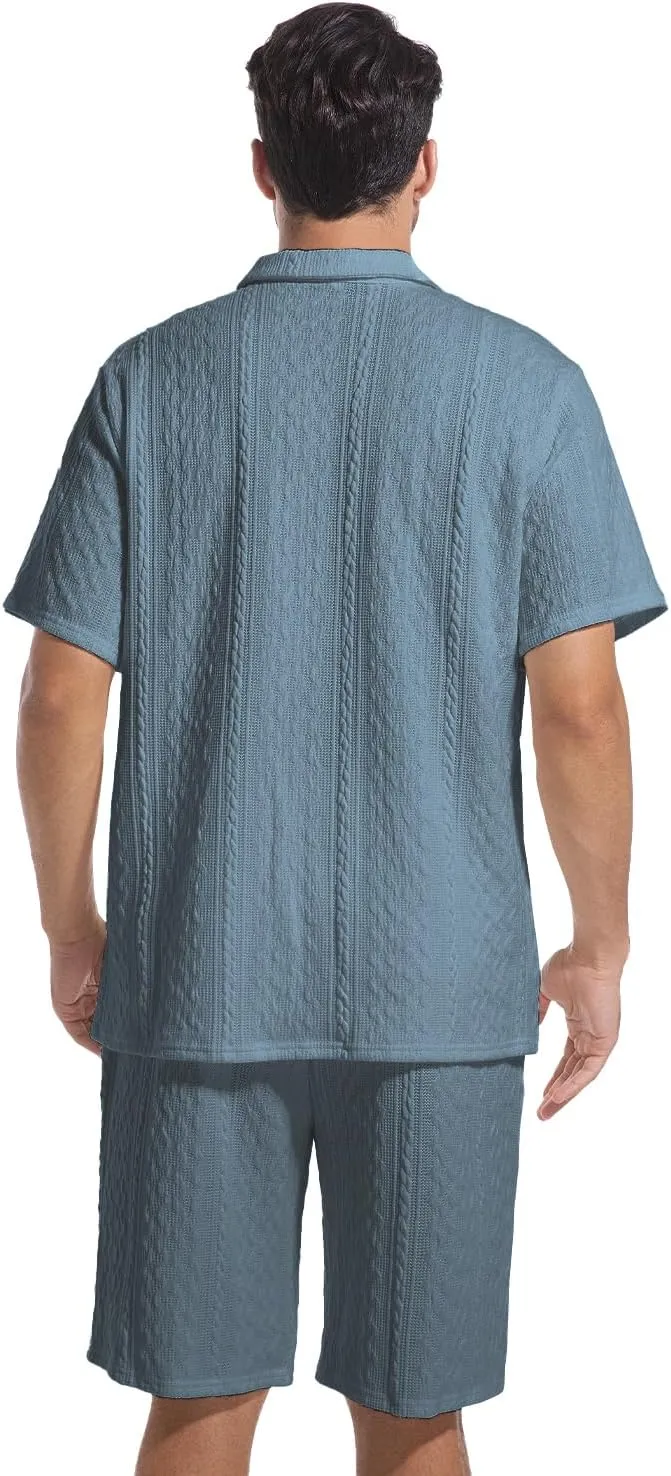 Mens 2 Piece Short Sets Summer 2025 - Zip Polo & Elastic Waist Shorts, Breathe Comfortable Tracksuit with Pockets