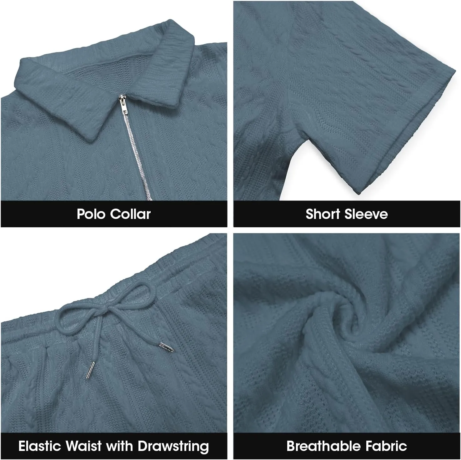 Mens 2 Piece Short Sets Summer 2025 - Zip Polo & Elastic Waist Shorts, Breathe Comfortable Tracksuit with Pockets