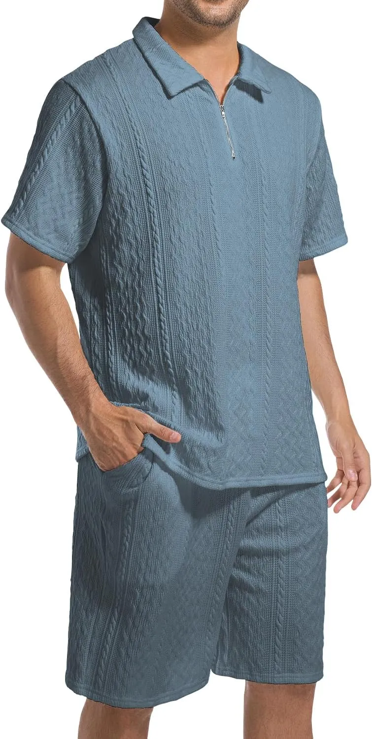 Mens 2 Piece Short Sets Summer 2025 - Zip Polo & Elastic Waist Shorts, Breathe Comfortable Tracksuit with Pockets