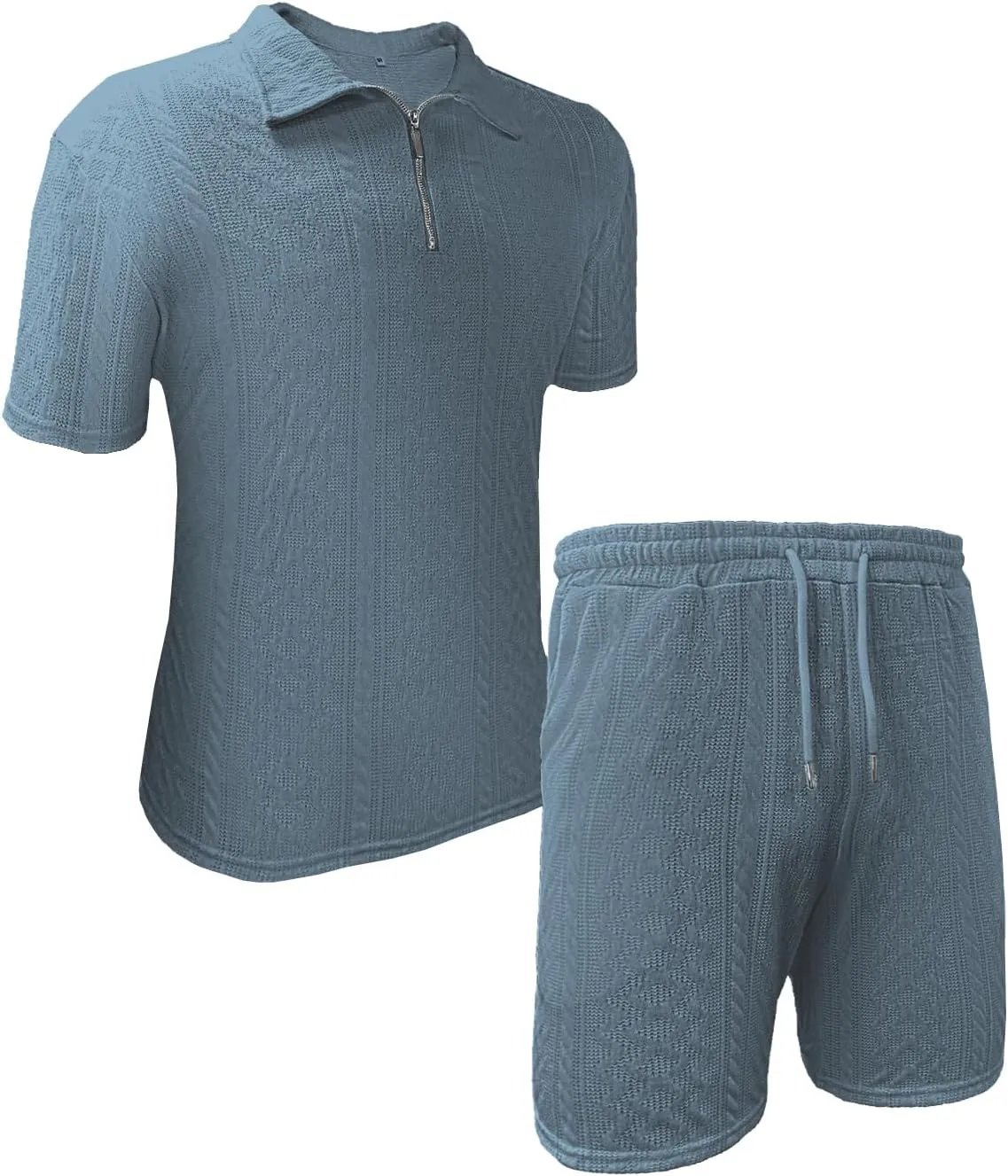Mens 2 Piece Short Sets Summer 2025 - Zip Polo & Elastic Waist Shorts, Breathe Comfortable Tracksuit with Pockets