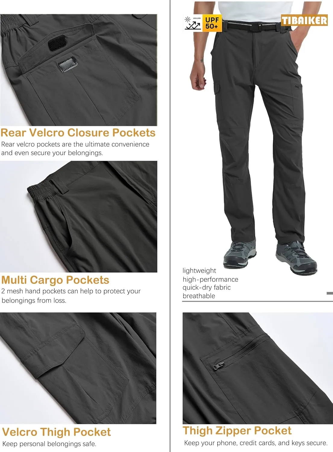 Men's Hiking Tactical Cargo Work Pants Quick Dry Waterproof Lightweight Travel Fishing Camping Outdoor Pants