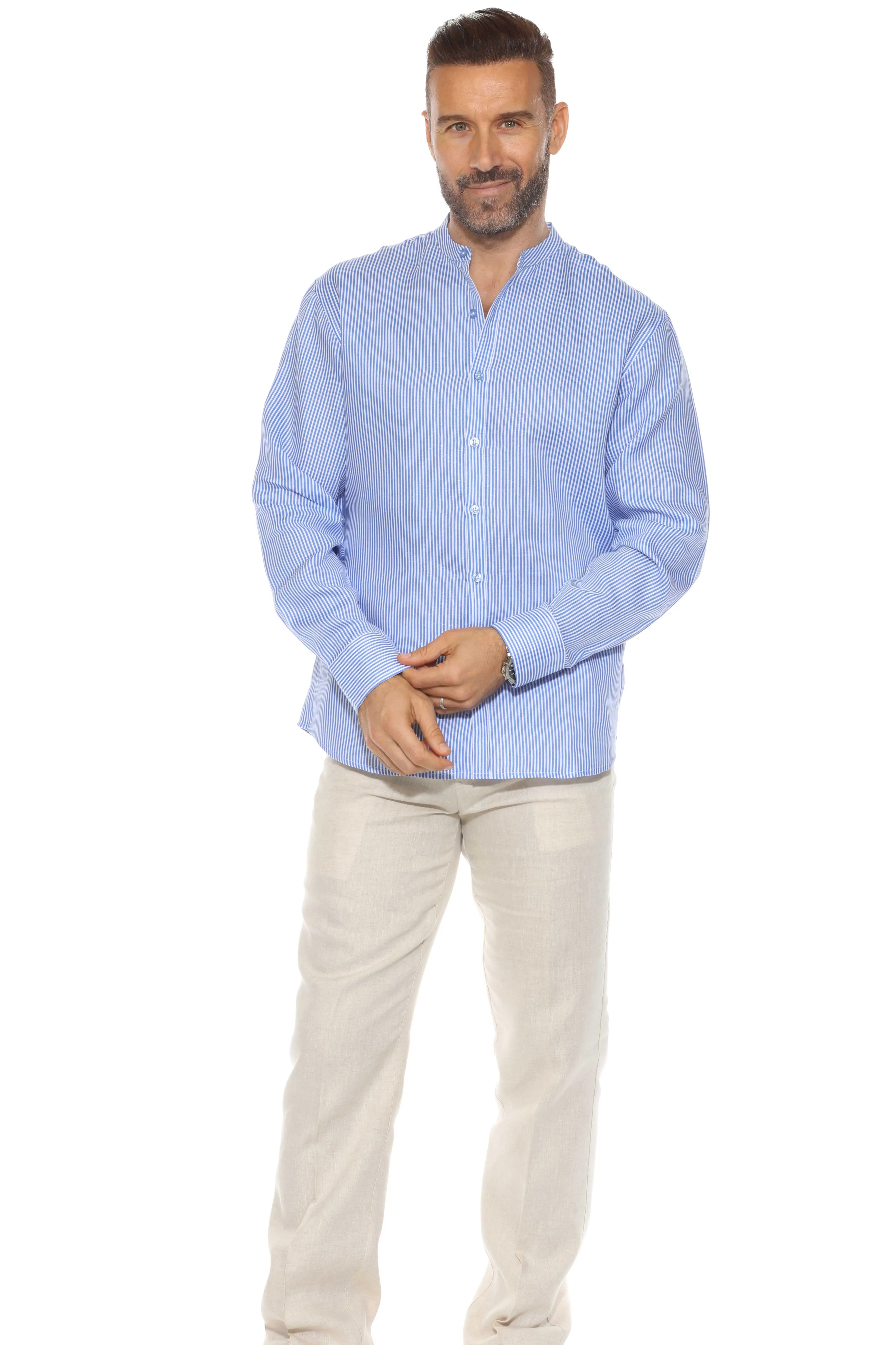 Men's Pinstripe Mandarin Collar Shirt 100% Linen Long Sleeve Button Down