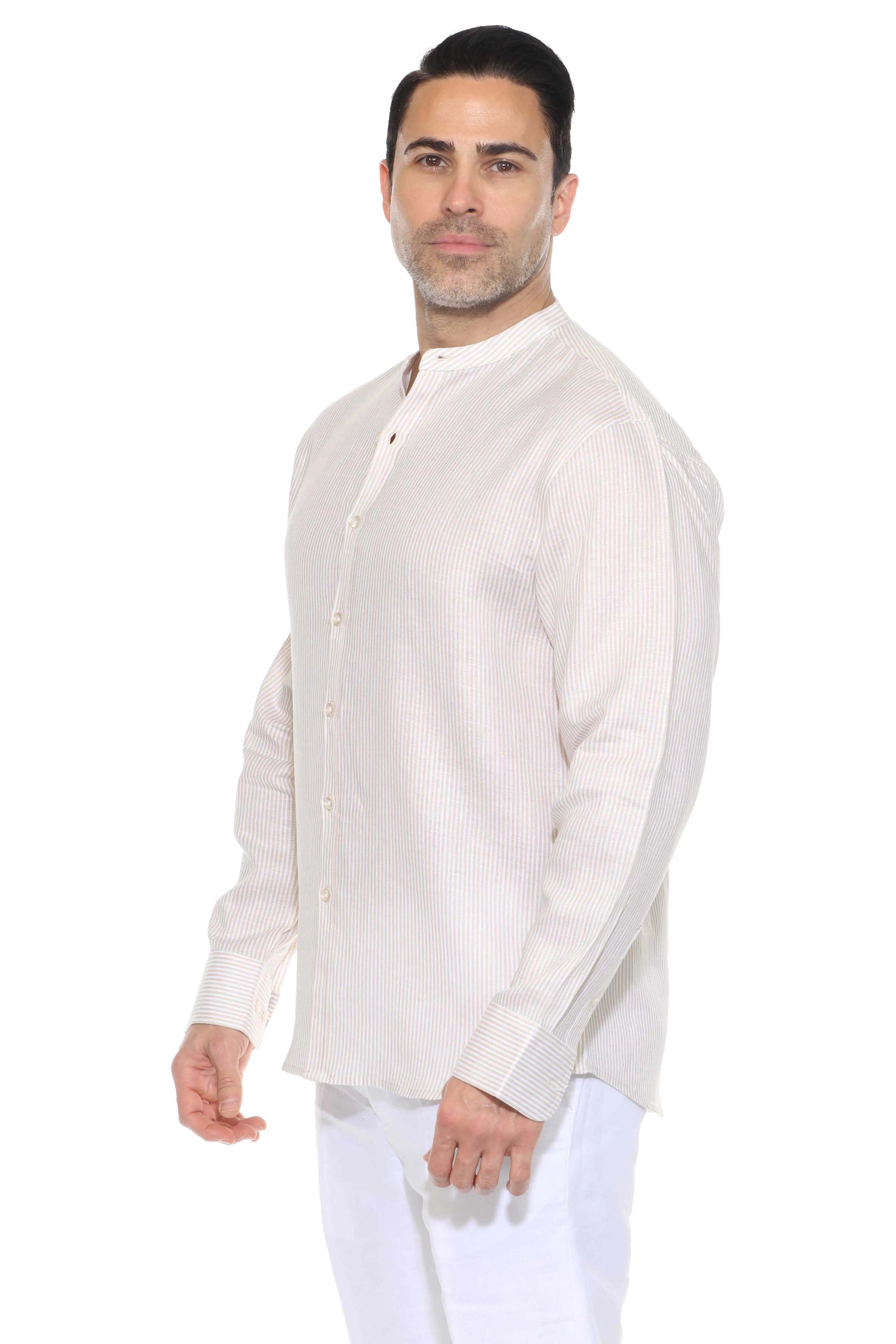 Men's Pinstripe Mandarin Collar Shirt 100% Linen Long Sleeve Button Down