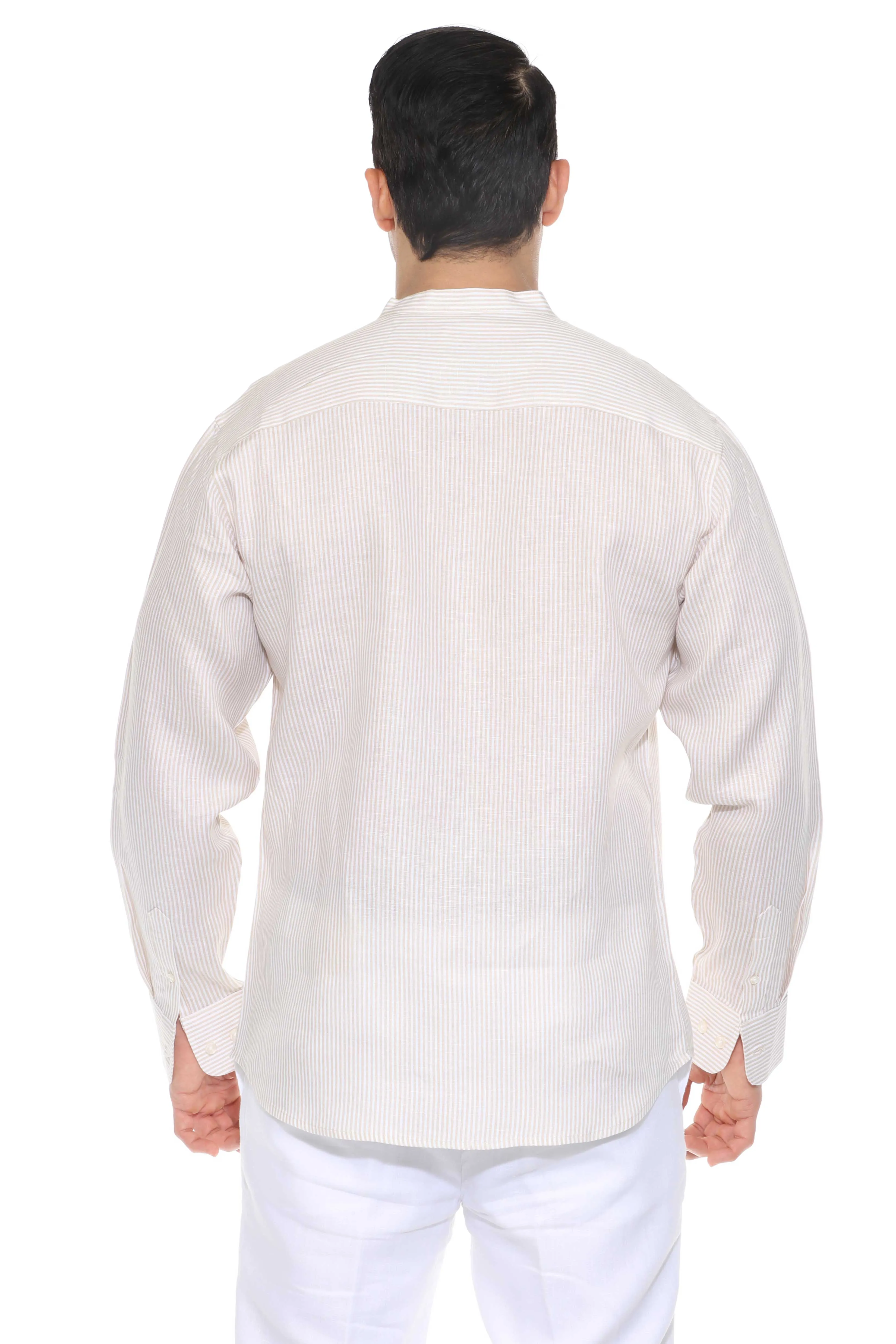Men's Pinstripe Mandarin Collar Shirt 100% Linen Long Sleeve Button Down