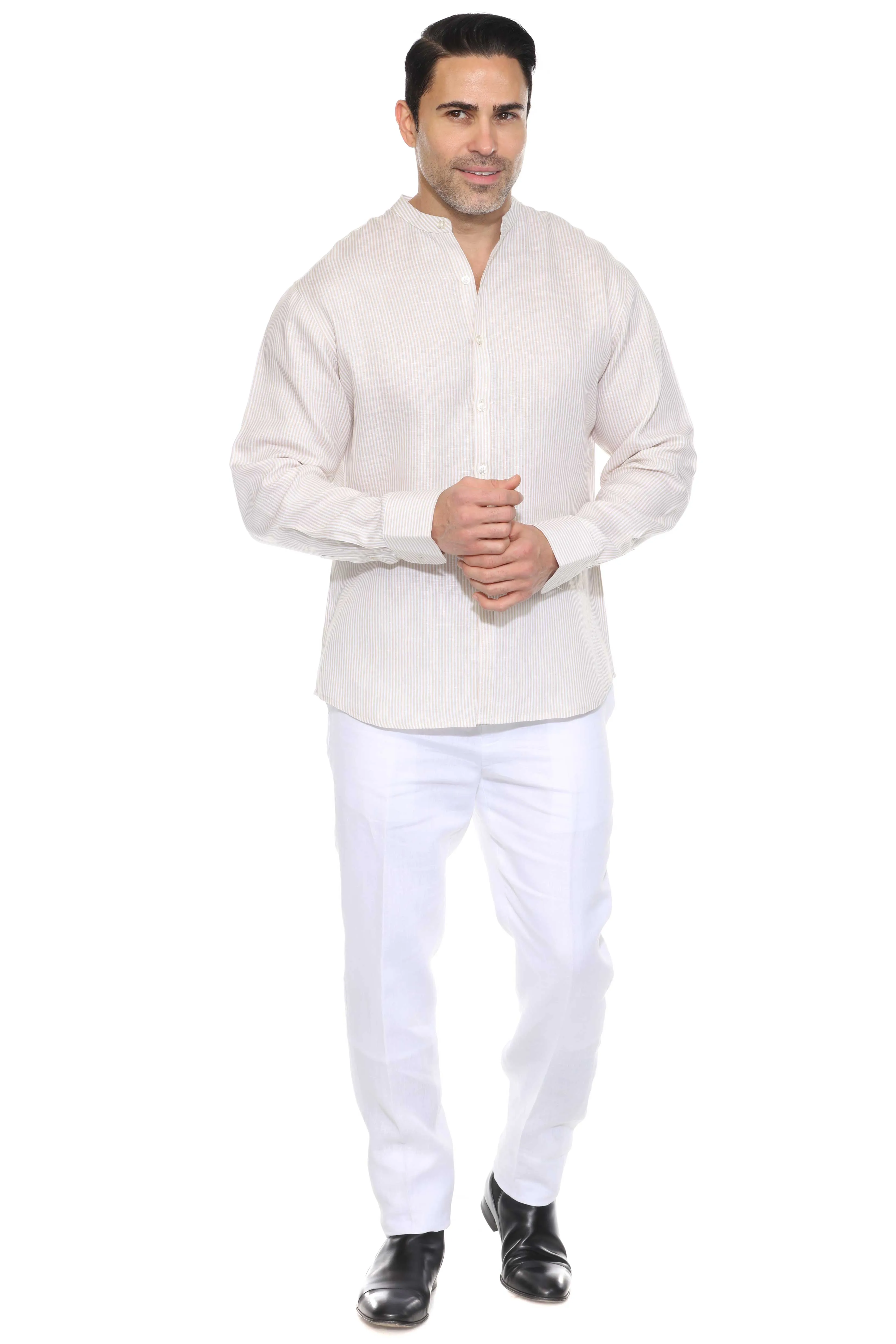 Men's Pinstripe Mandarin Collar Shirt 100% Linen Long Sleeve Button Down
