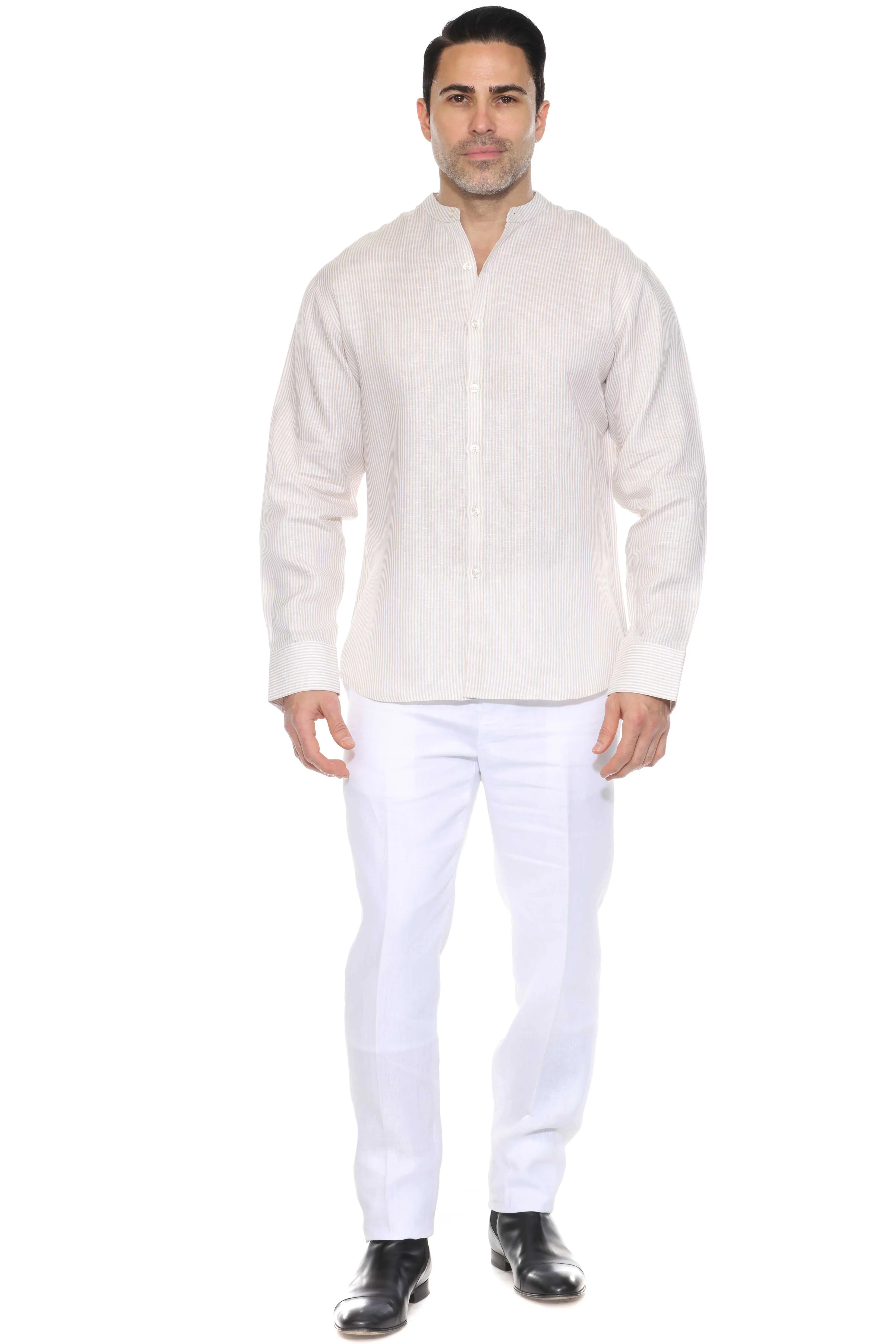 Men's Pinstripe Mandarin Collar Shirt 100% Linen Long Sleeve Button Down