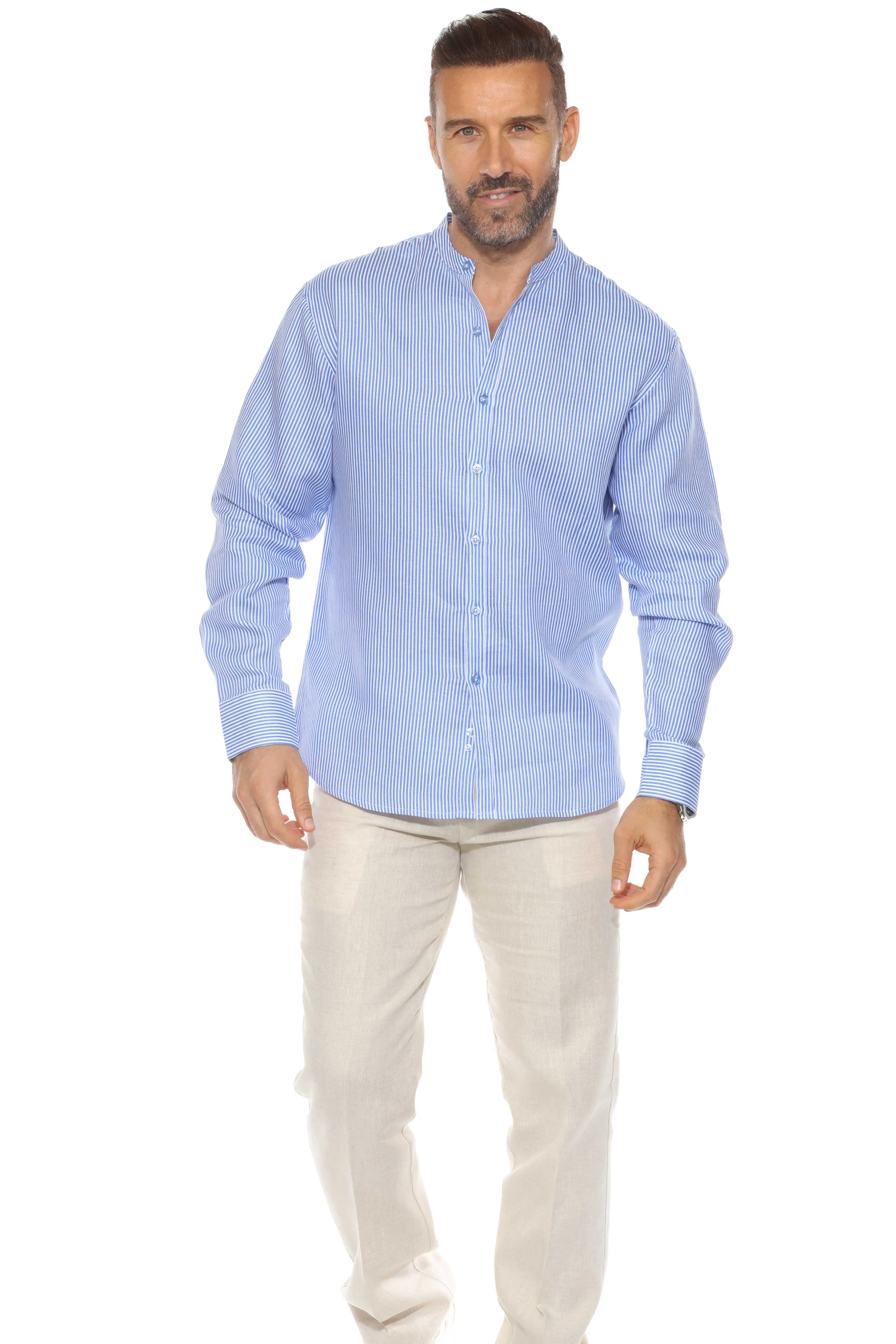Men's Pinstripe Mandarin Collar Shirt 100% Linen Long Sleeve Button Down