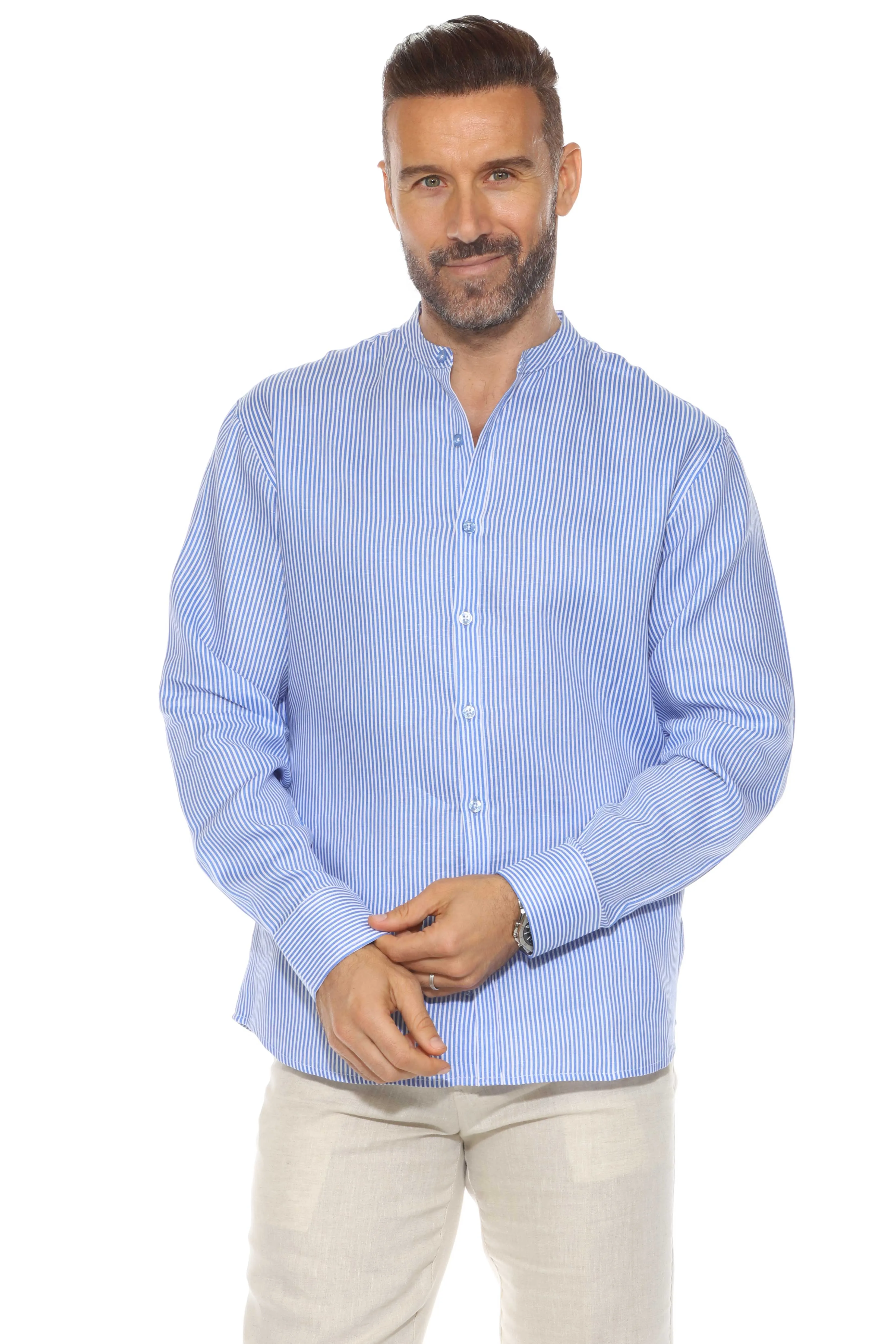 Men's Pinstripe Mandarin Collar Shirt 100% Linen Long Sleeve Button Down