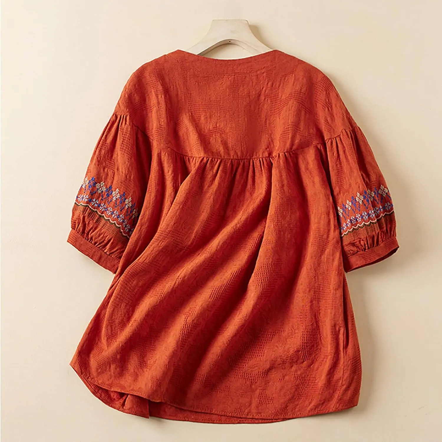 Mexican Embroidered Tops for Women Summer Cotton Linen Shirt Casual Short Sleeve Round Neck Blouse Tees