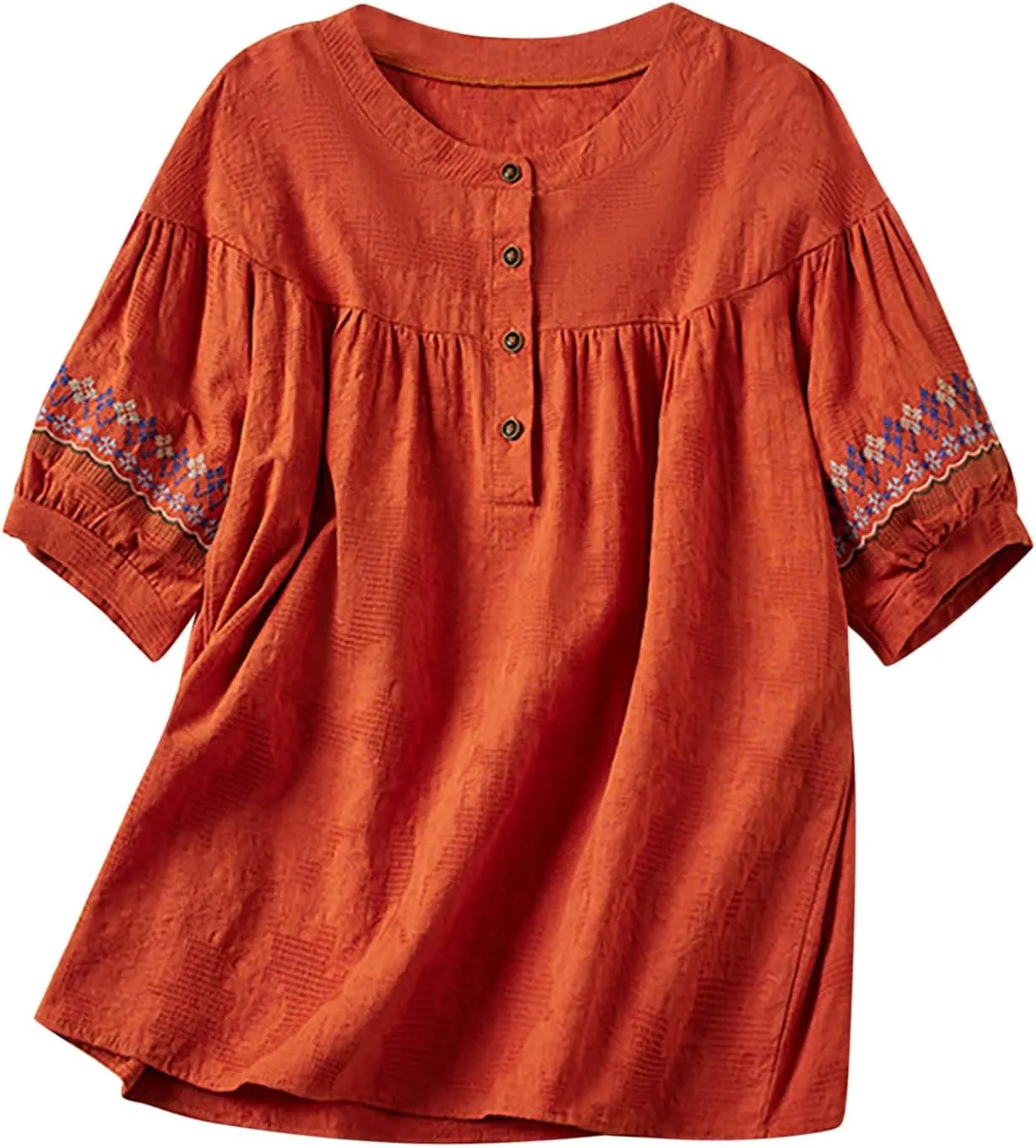 Mexican Embroidered Tops for Women Summer Cotton Linen Shirt Casual Short Sleeve Round Neck Blouse Tees