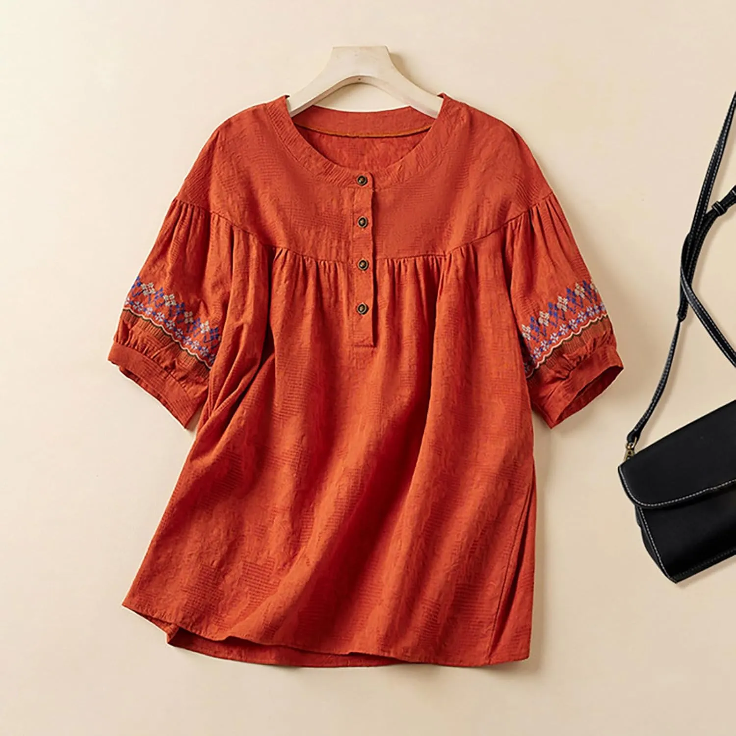 Mexican Embroidered Tops for Women Summer Cotton Linen Shirt Casual Short Sleeve Round Neck Blouse Tees