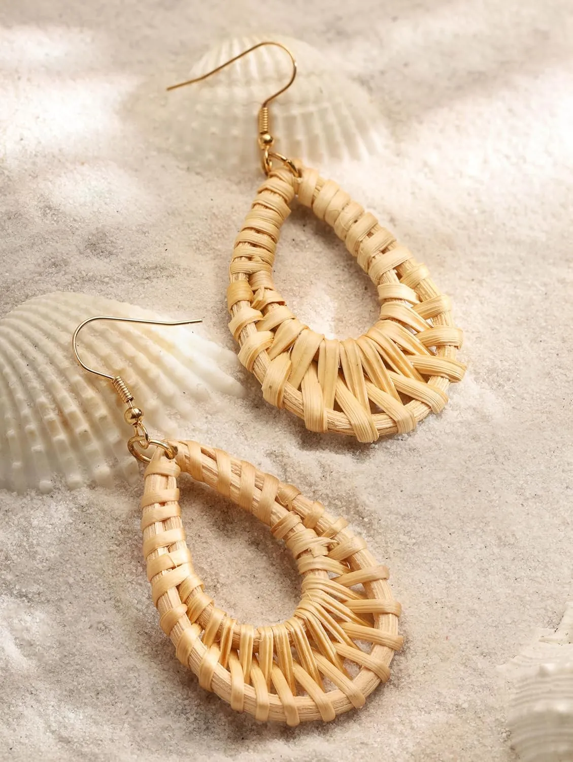 MINACHI Boho Chic Handmade Rattan Wood Dangle Drop Earrings for Women, Bohemian Summer Beach Statement Jewelry Gift for Women