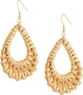 MINACHI Boho Chic Handmade Rattan Wood Dangle Drop Earrings for Women, Bohemian Summer Beach Statement Jewelry Gift for Women