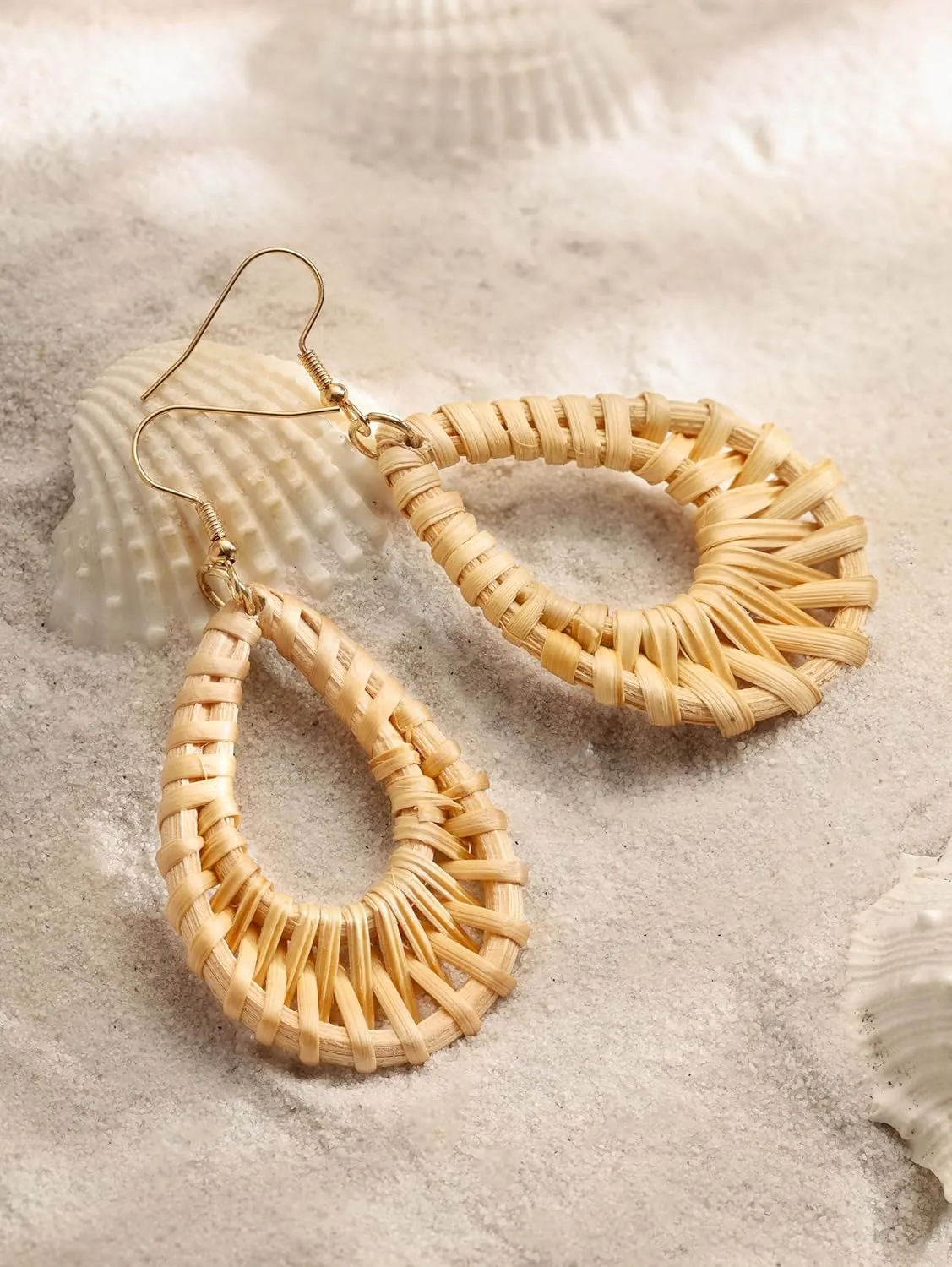 MINACHI Boho Chic Handmade Rattan Wood Dangle Drop Earrings for Women, Bohemian Summer Beach Statement Jewelry Gift for Women