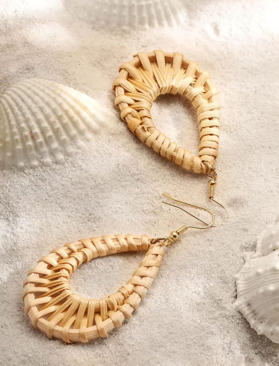 MINACHI Boho Chic Handmade Rattan Wood Dangle Drop Earrings for Women, Bohemian Summer Beach Statement Jewelry Gift for Women