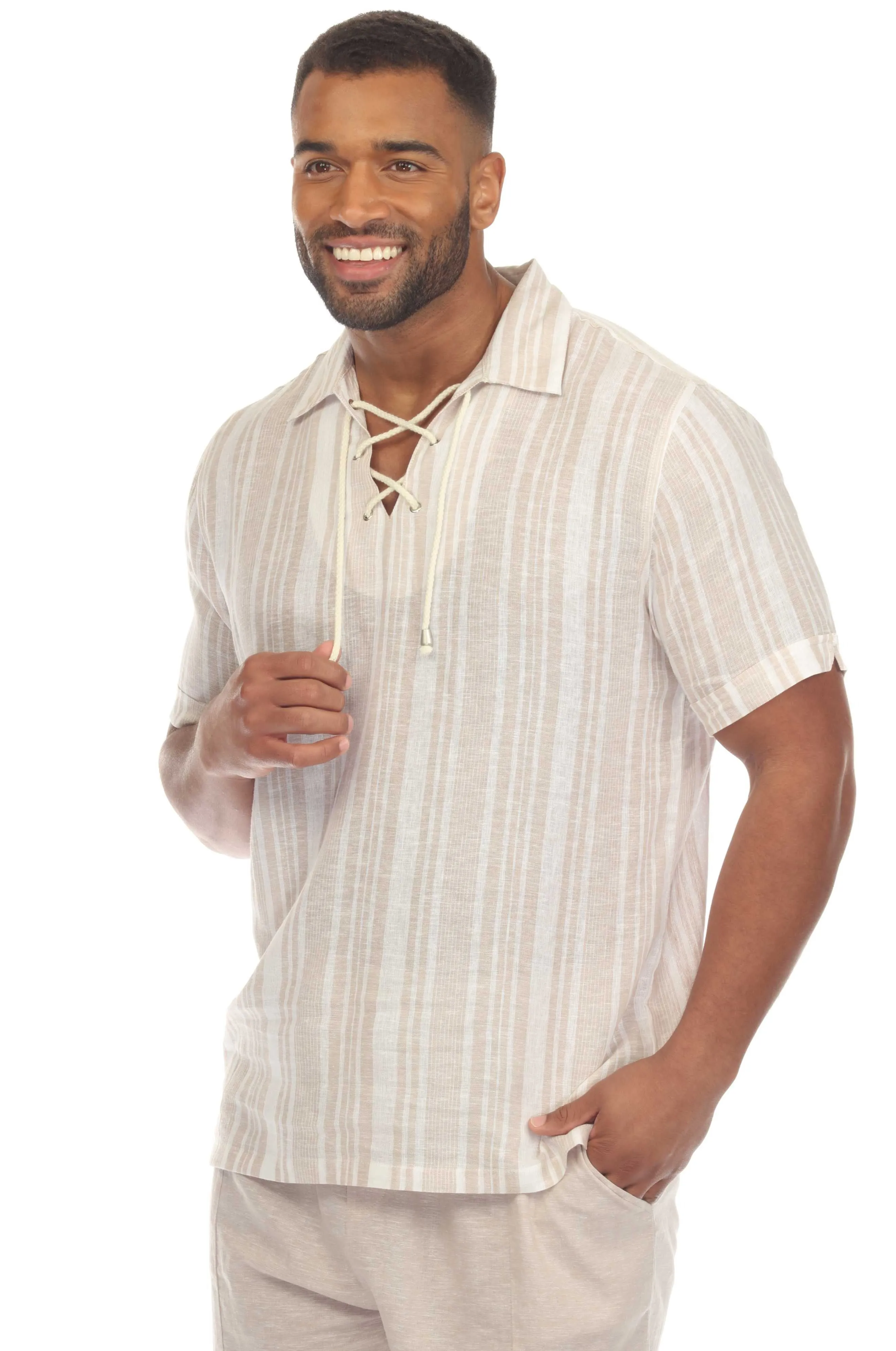 Mojito Men's Causal Beach Resort Wear Shirt with Pinstripe Print Linen Blend Short Sleeve Lace Up Neckline