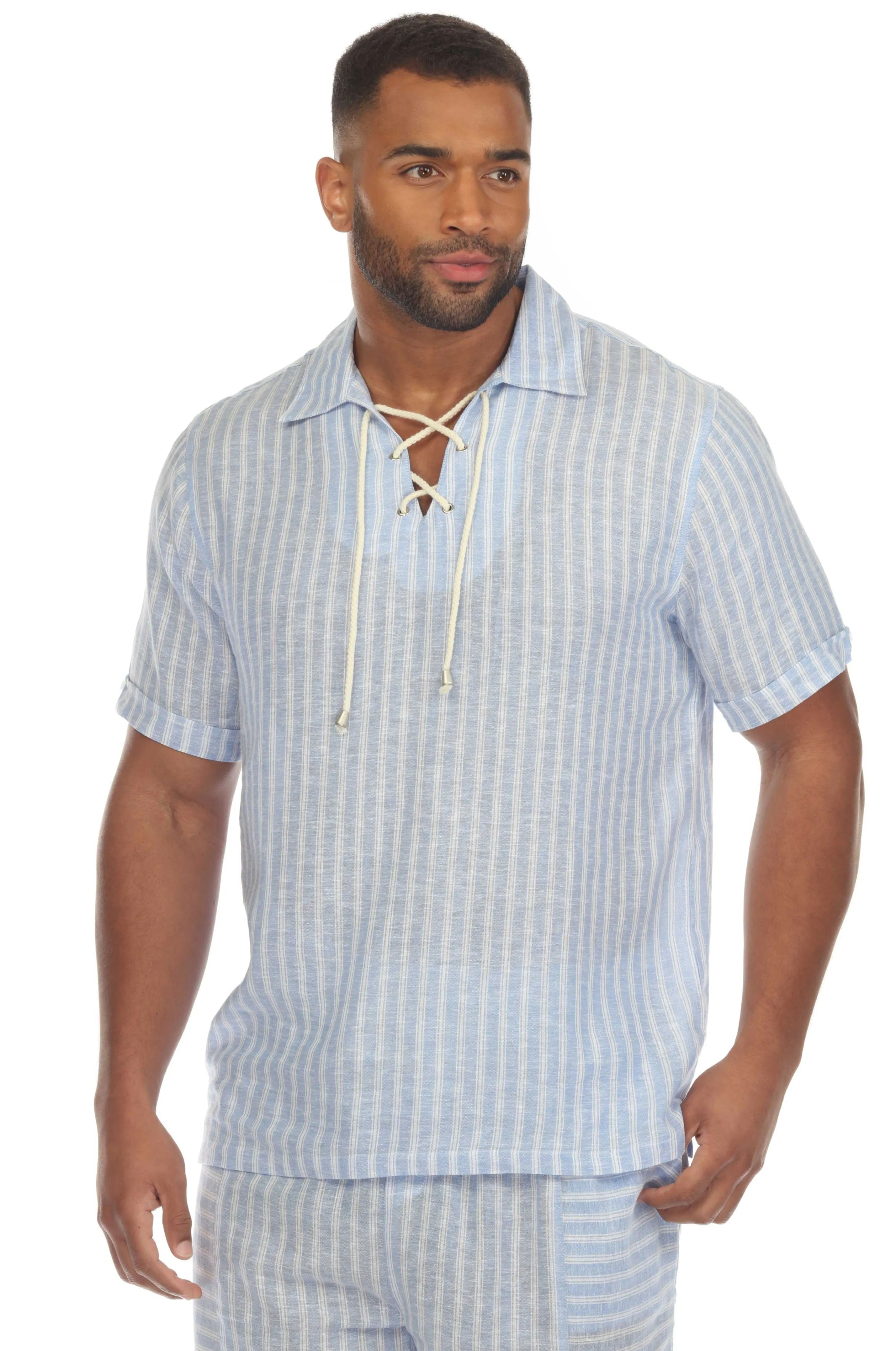Mojito Men's Causal Beach Resort Wear Shirt with Pinstripe Print Linen Blend Short Sleeve Lace Up Neckline