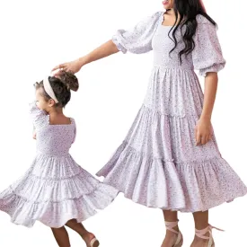 Mommy and Me Dresses Off Shoulder Irregular Ruffle Hem Chiffon Maxi Dress Summer Family Matching Outfit Beachwear