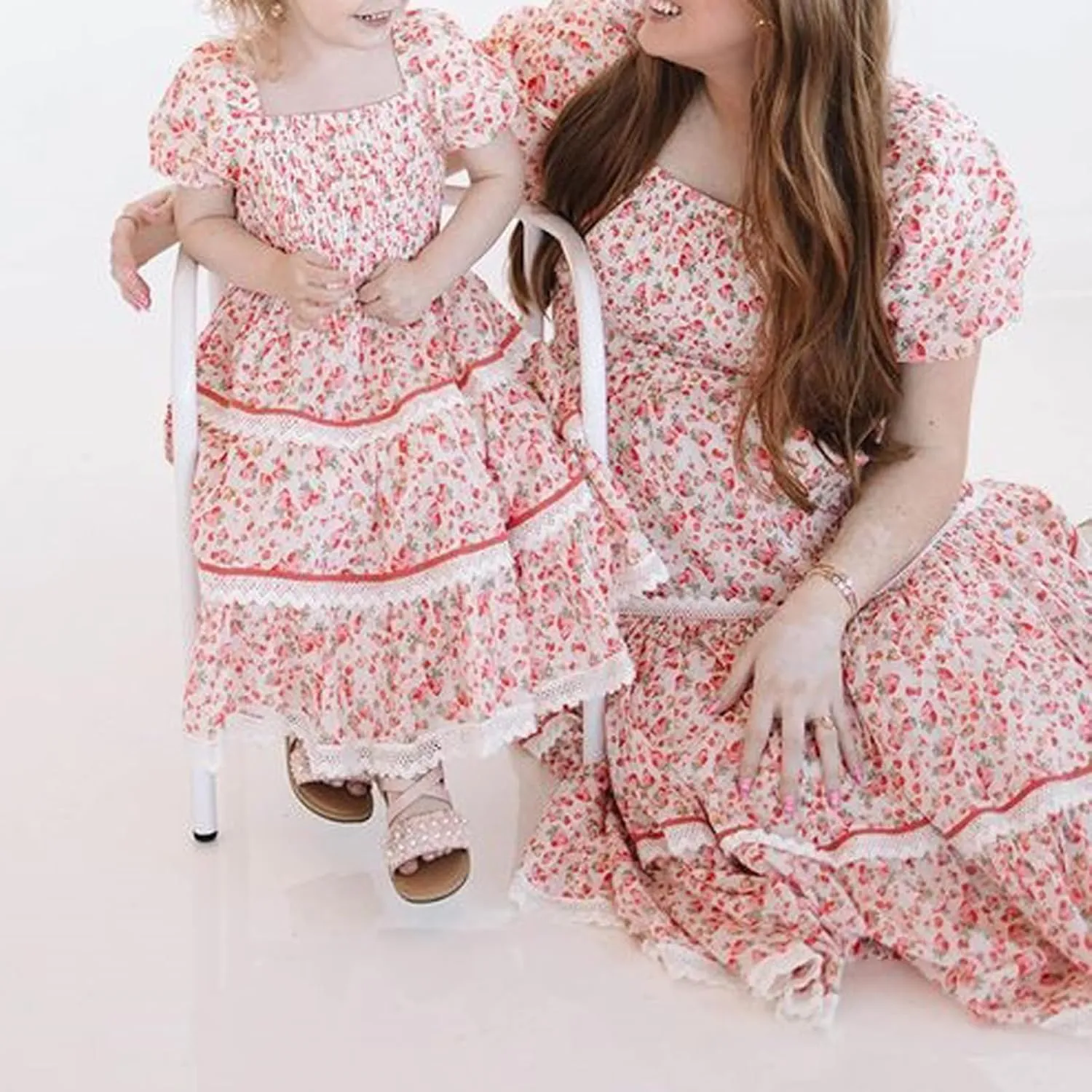 Mommy and Me Dresses Off Shoulder Irregular Ruffle Hem Chiffon Maxi Dress Summer Family Matching Outfit Beachwear