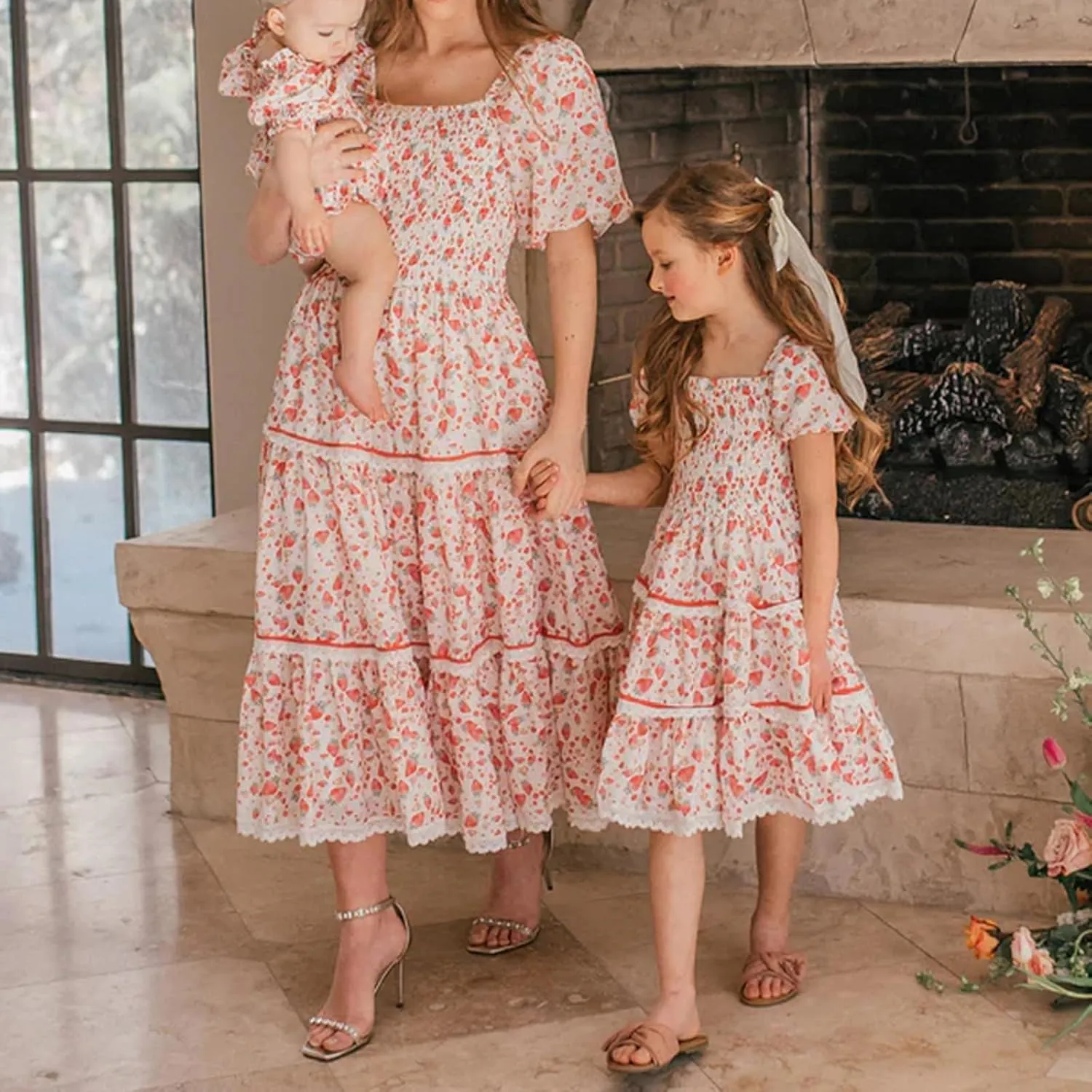 Mommy and Me Dresses Off Shoulder Irregular Ruffle Hem Chiffon Maxi Dress Summer Family Matching Outfit Beachwear