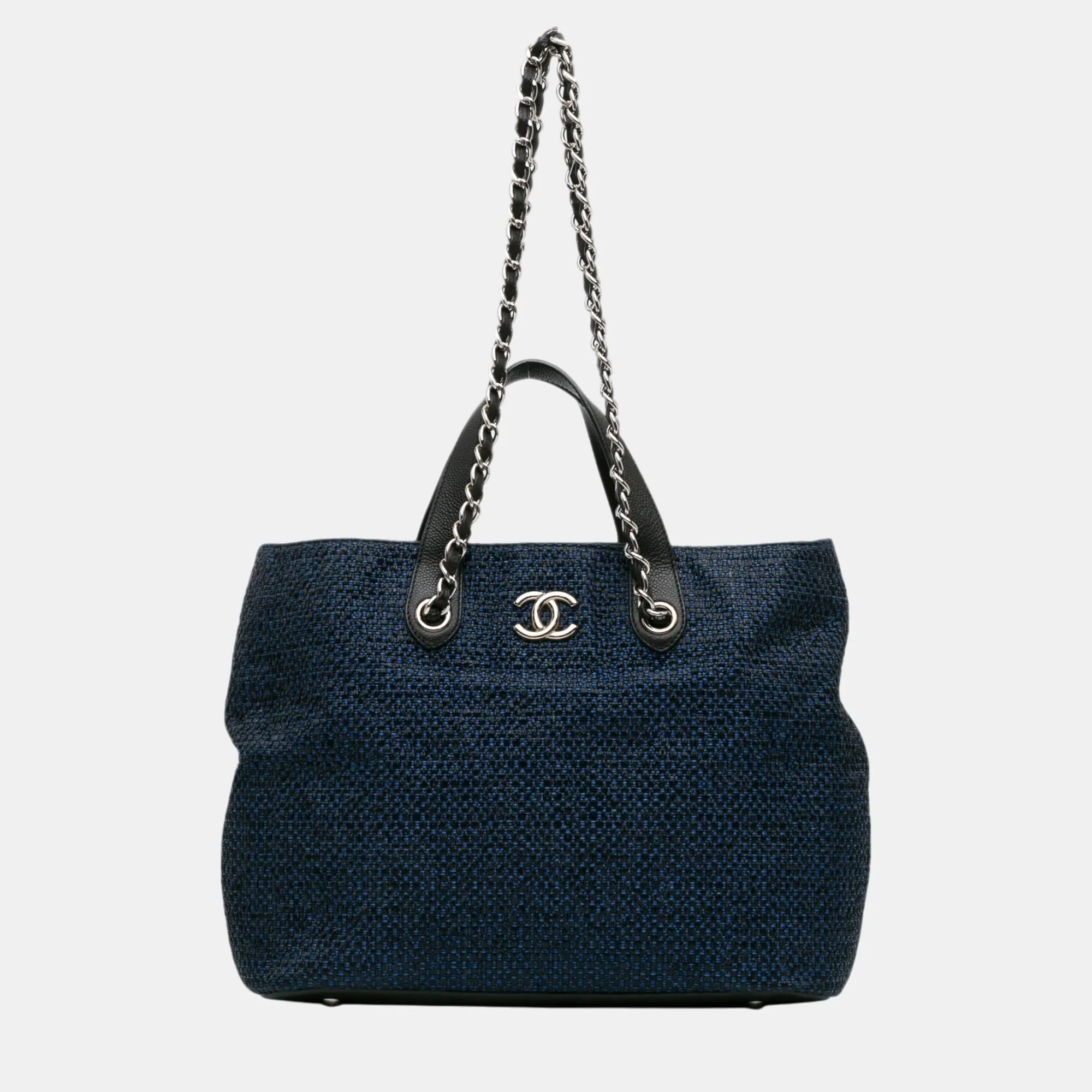 Navy Blue Straw and Caviar Leather Drawstring Shopping Tote Bag