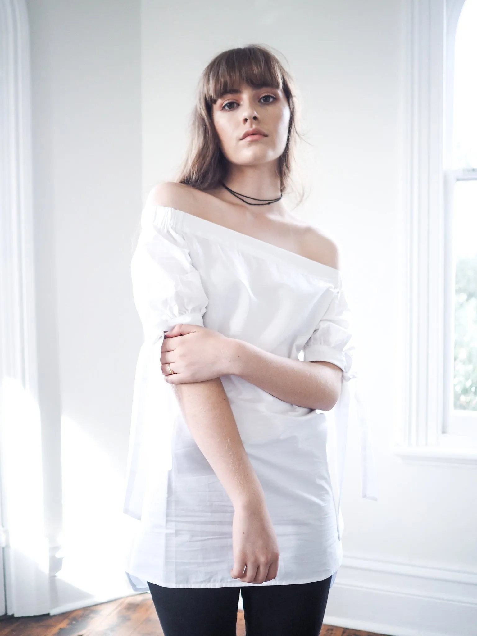 Novelia Tie Sleeve Off-Shoulder Shirt - White