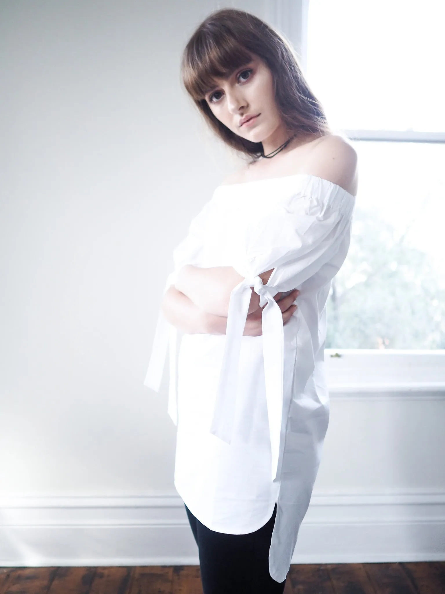 Novelia Tie Sleeve Off-Shoulder Shirt - White