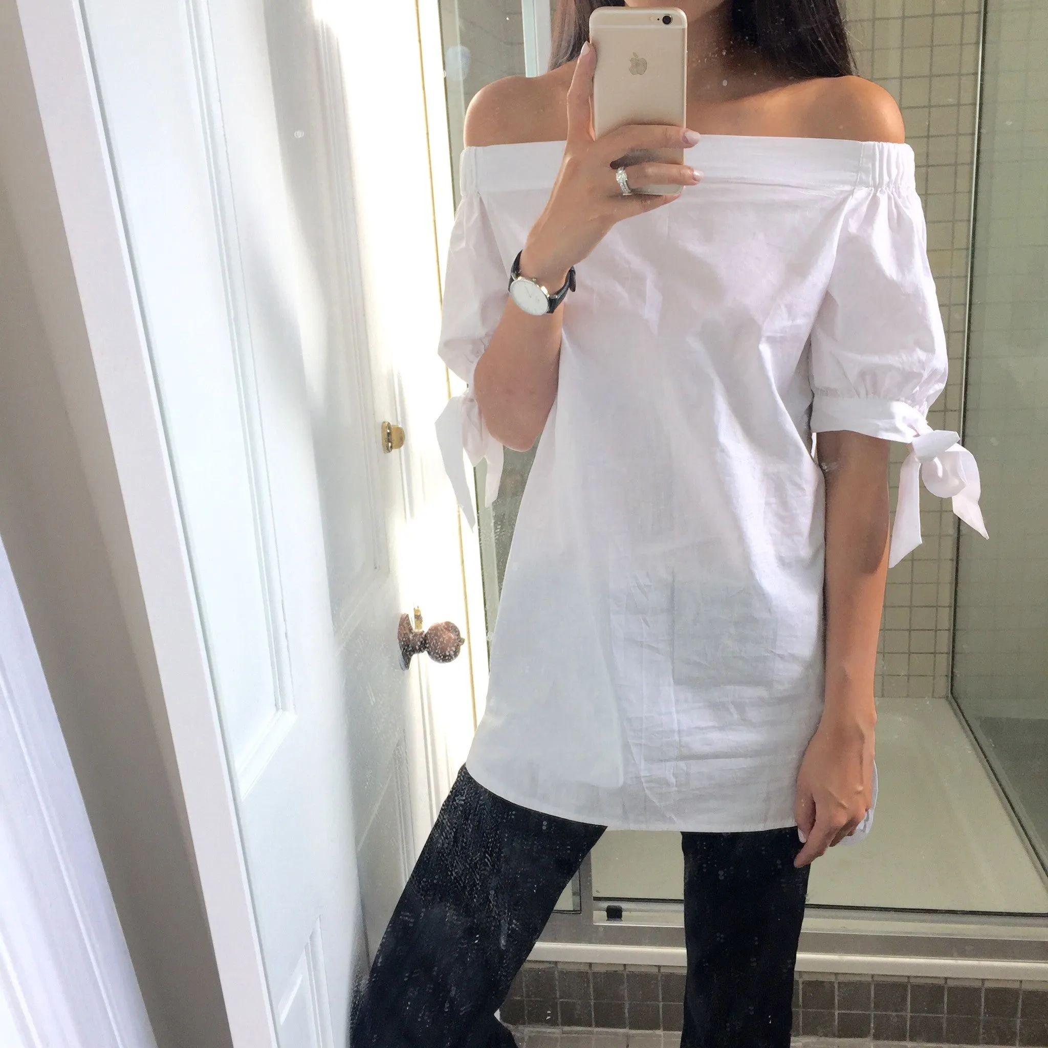 Novelia Tie Sleeve Off-Shoulder Shirt - White