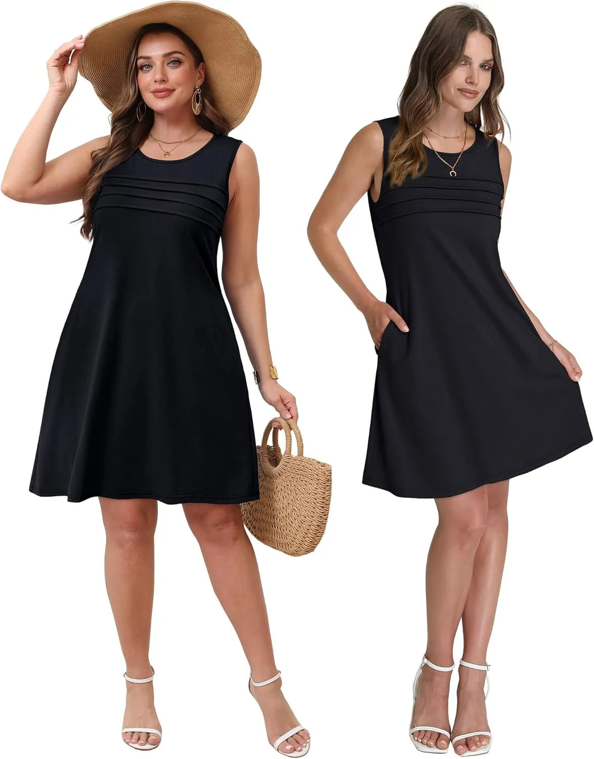 OFEEFAN Womens Pleated Front Tank Dresses Fashion Spring Sleeveless Pockets Sundress Casual Summer