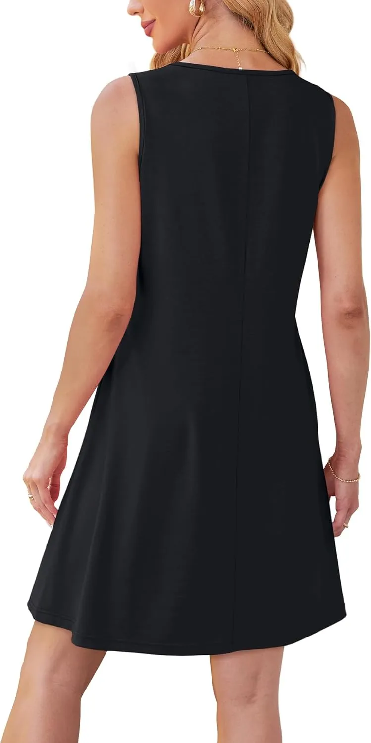 OFEEFAN Womens Pleated Front Tank Dresses Fashion Spring Sleeveless Pockets Sundress Casual Summer