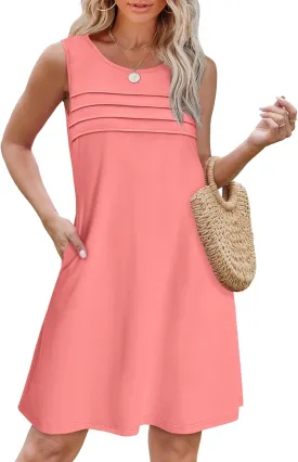 OFEEFAN Womens Pleated Front Tank Dresses Fashion Spring Sleeveless Pockets Sundress Casual Summer