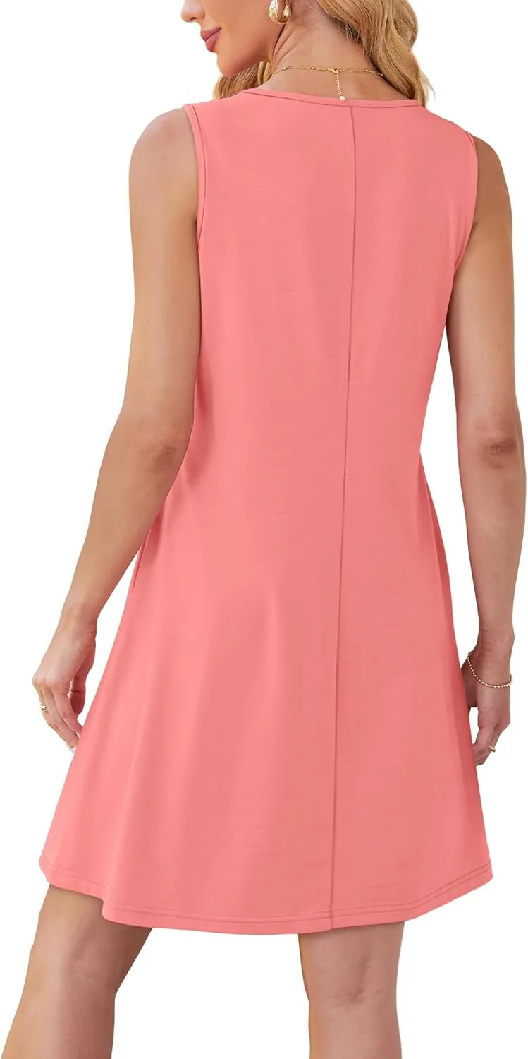 OFEEFAN Womens Pleated Front Tank Dresses Fashion Spring Sleeveless Pockets Sundress Casual Summer
