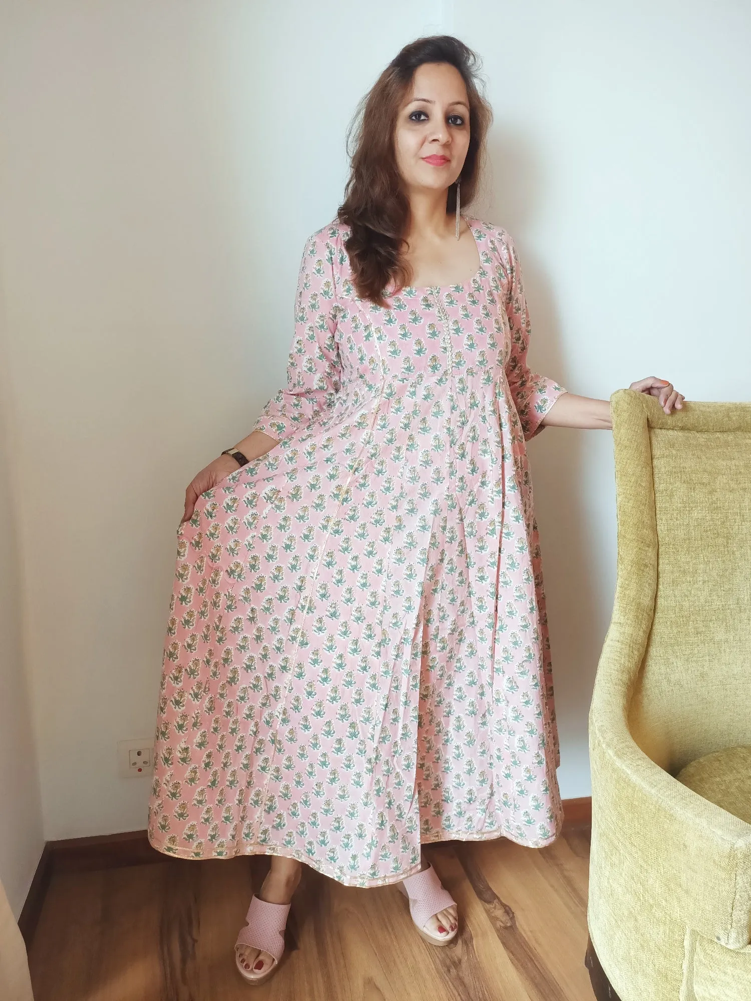 Pink Gota Work Block Print Cotton Dress