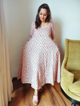 Pink Gota Work Block Print Cotton Dress