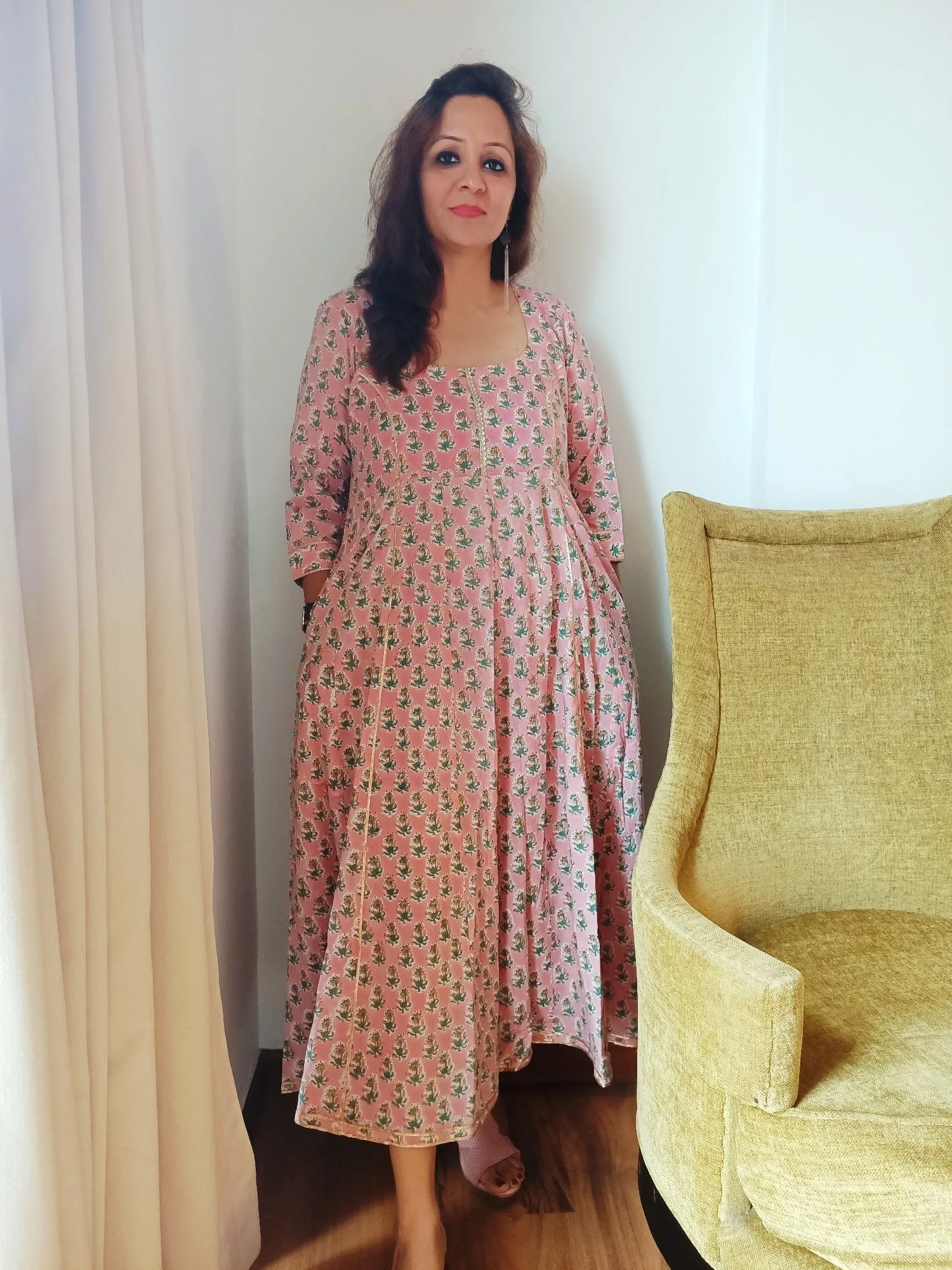 Pink Gota Work Block Print Cotton Dress