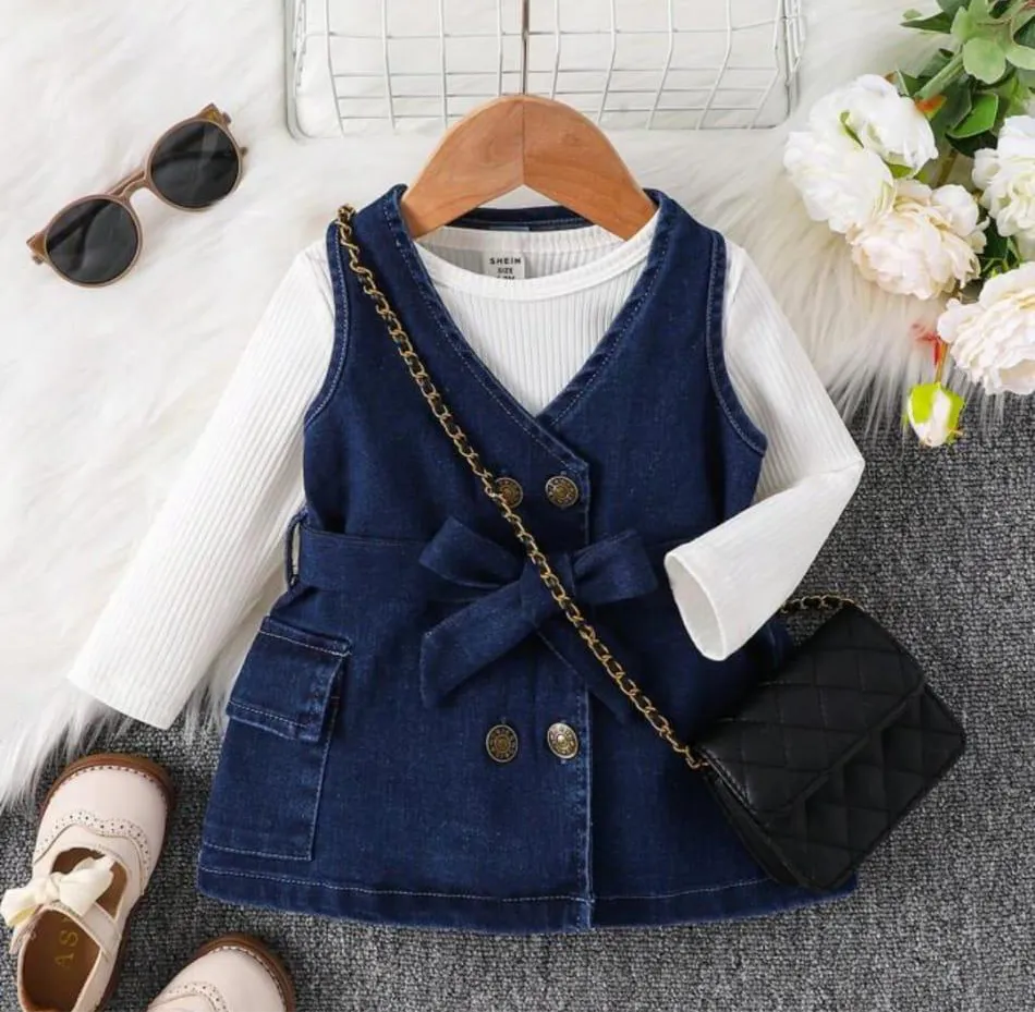 Plush-Denim Frock with belt Dark Blue ; Inner Shirt included