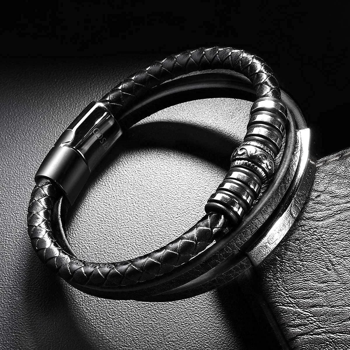 Premium Braided Leather Bracelet for Men - Triple Strand Leather Wristband - Stylish Men's Wristband Jewelry Gift for Son Boyfriends - Durable and Elegant Design Braided Bracelet Cuff Men's Bracelet Wrist Accessories